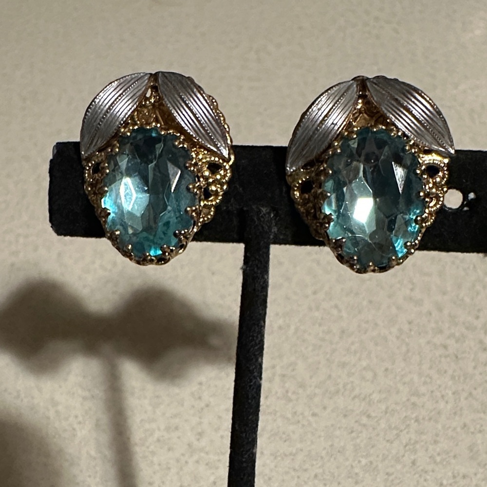 Vintage W.Germany Elegant Gold and Silver tone Earrings with Blue Gemstone (586)